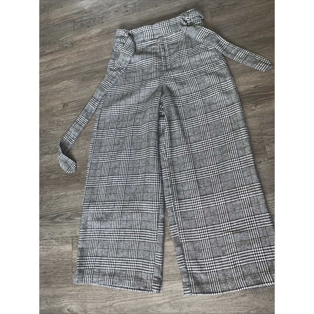 Zara Basic Collection Black White Plaid Wide Leg Belted Dress Pants XS